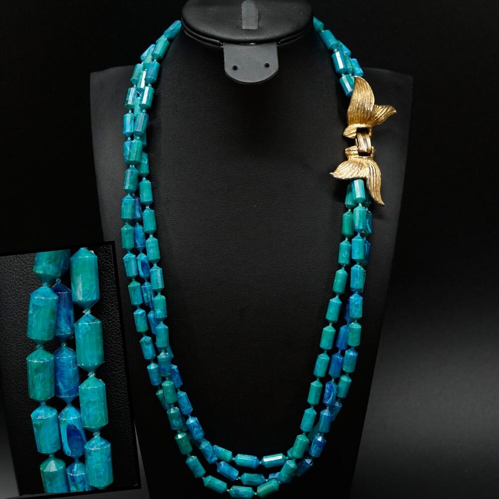Vintage Marbled Blue Multi Strand Barrel Bead Necklace Gold Tone Claspβ 23" MCM